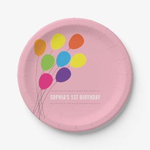 Colorful Balloons Girls 1st Birthday Party Paper Plate