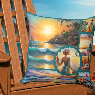 Colorful Beach Photo Collage Boho Chic  Cushion