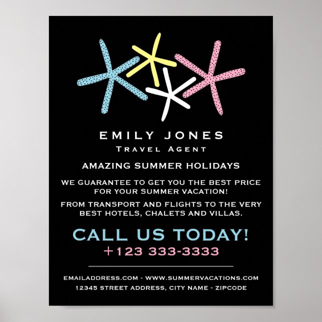 Colorful Beach Starfish, Travel Agent Advertising Poster (Front)