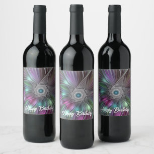 Colorful Big Flower Abstract Trippy Fractal Art Wine Label