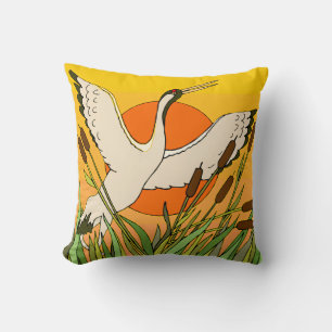 Colorful bird art with cattails and sunset sky cushion