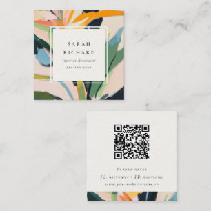Colorful Bird Of Paradise Painted Floral QR Code Square Business Card