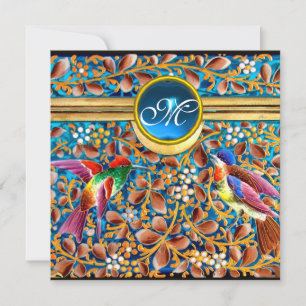 COLORFUL BIRDS AND FLORAL SWIRLS BLUE GEM MONOGRAM INVITATION