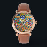 COLORFUL BIRDS AND FLORAL SWIRLS BLUE GEM MONOGRAM WATCH<br><div class="desc">Vibrant , colourful Spring flowers and little colibries in gold and blue. Elegant , artistic,  design inspired antique Art Nouveau Bohemian enamels in turquoise blue, red , teal, gold yellow, violet , white colours with 3D blue sapphire gemstone..Digital Graphic Design , 3D Modelling by Bulgan Lumini (c)</div>