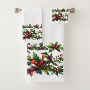 Colorful Birds and Holly Christmas Pattern Bath Towel Set