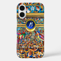 COLORFUL BIRDS ,FLORAL SWIRLS BLUE GEM MONOGRAM