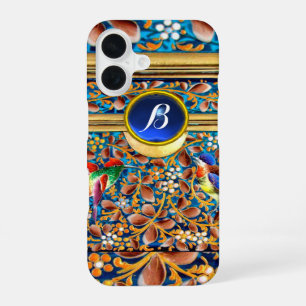 COLORFUL BIRDS ,FLORAL SWIRLS BLUE GEM MONOGRAM iPhone 16 CASE
