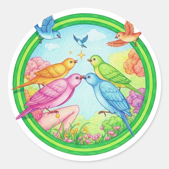 Colorful Birds in Circular Garden Classic Round Sticker (Front)