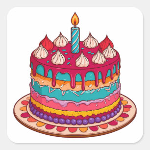 Colorful Birthday Cake with Candle Square Sticker