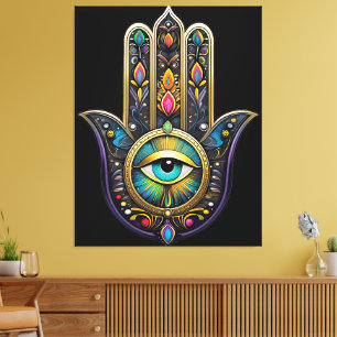 Colorful Black Gold Hamsa w/ Turquoise Third Eye Canvas Print