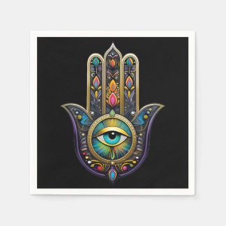Colorful Black Gold Hamsa w/ Turquoise Third Eye Napkin