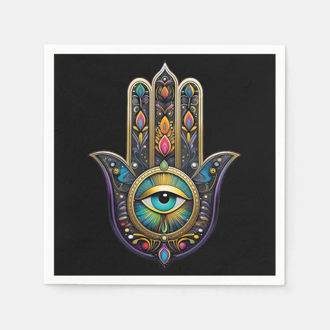 Colorful Black Gold Hamsa w/ Turquoise Third Eye Napkin (Front)