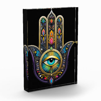 Colorful Black Gold Hamsa w/ Turquoise Third Eye Photo Block