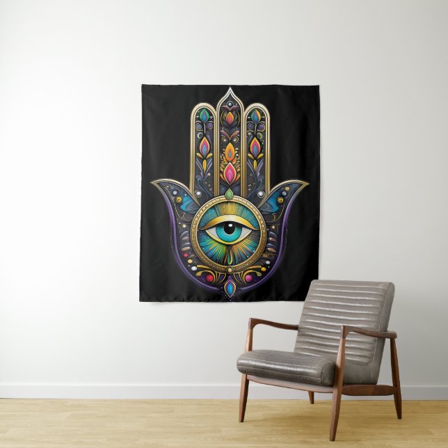Colorful Black Gold Hamsa w/ Turquoise Third Eye Tapestry (In Situ)