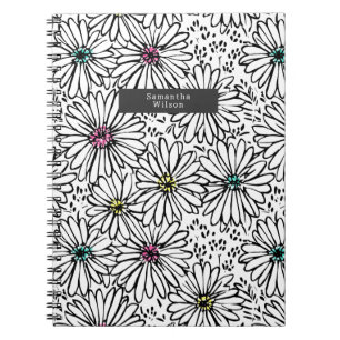Colorful Black + White Daisies Pattern Notebook