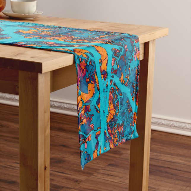 Colorful blue and orange trees short table runner (In Situ)