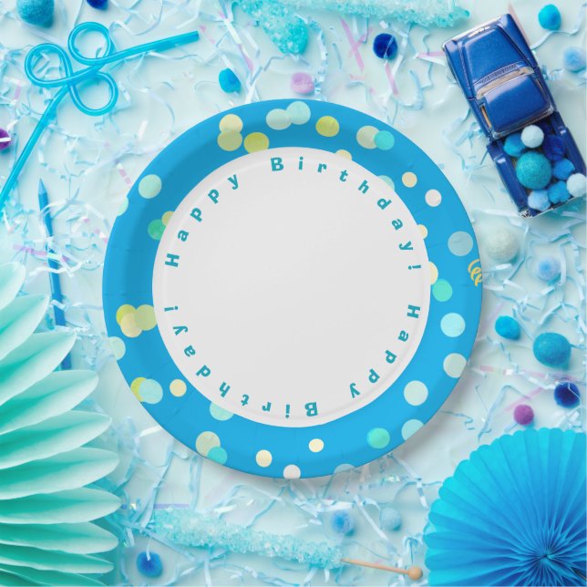Colorful Blue & Green Dots Boy Happy Birthday Paper Plate (Party)