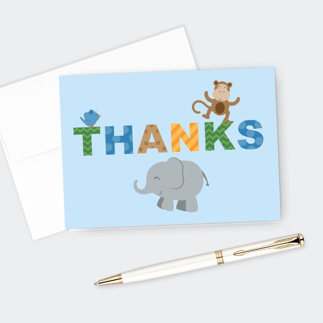 Colorful Blue Jungle Animals Baby Boy Shower Thank You Card (Creator Uploaded)