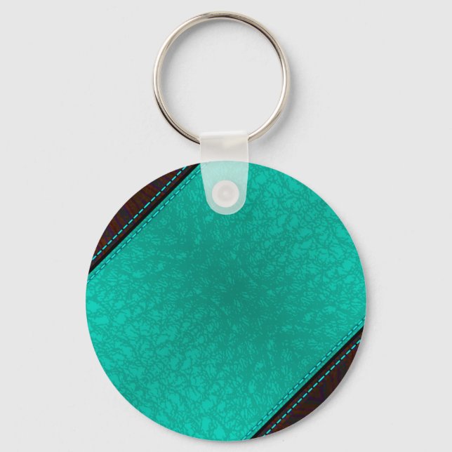 Colorful Blue Stitched Diagonal leather Stripe Key Ring (Front)