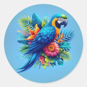 Colorful, blue tropical macaw  classic round sticker