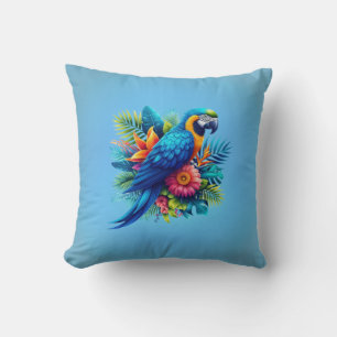 Colorful, blue tropical macaw  cushion