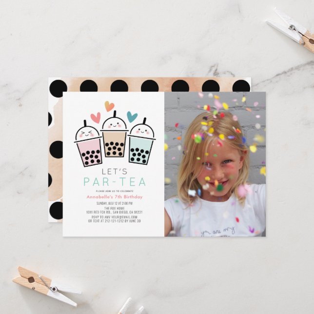 Colorful Boba Bubble Tea Party Photo Birthday Invitation (Front/Back In Situ)