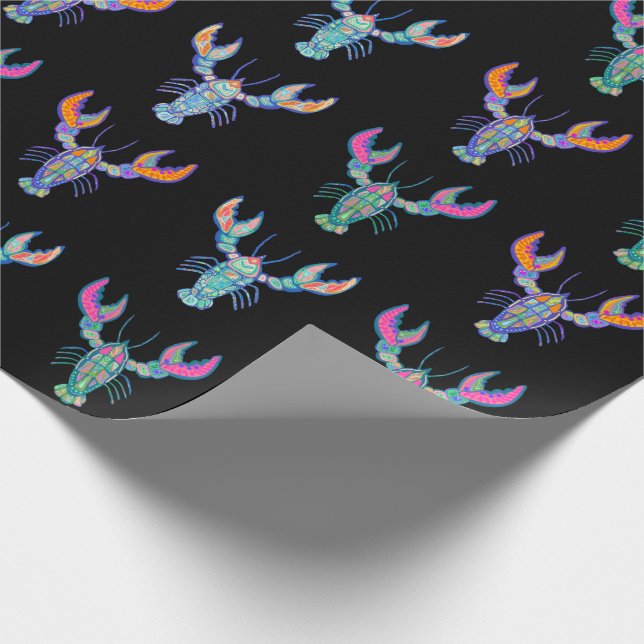 Colorful Boho Lobsters Pattern Black Wrapping Paper (Corner)
