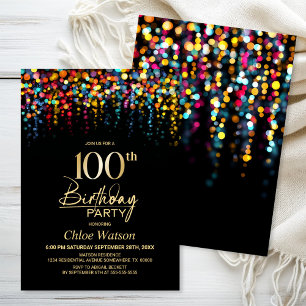 Colorful Bokeh Party Lights 100th Birthday Party Invitation