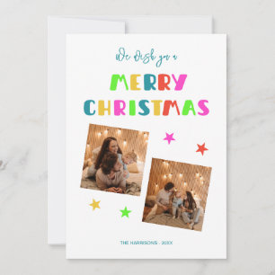 Colorful Bold Script Merry Christmas Two Photos Holiday Card