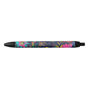 Colorful botanical pattern black ink pen
