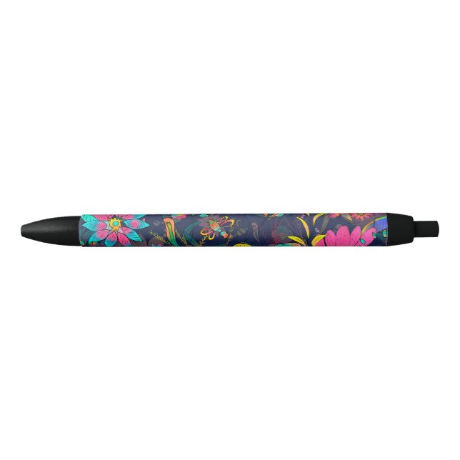 Colorful botanical pattern black ink pen (Front)