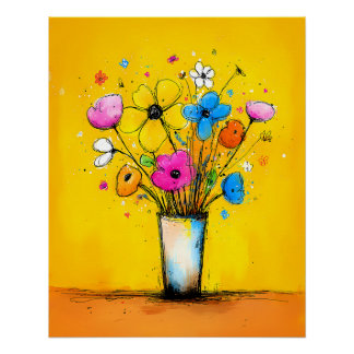 Colorful bouquet in vase - Pop Art Cartoon style Poster