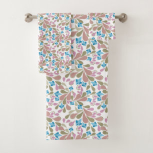 Colorful bouquets of retro flowers on white bath towel set