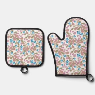 Colorful bouquets of retro flowers on white oven mitt & pot holder set