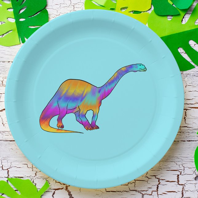Colorful Brontosaurus Psychedelic Dinosaur Art Paper Plate (Colorful dinosaur brontosaurus paper plate)