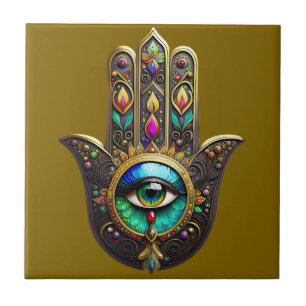 Colorful Brown Gold Hamsa Rainbow Color Third Eye Tile