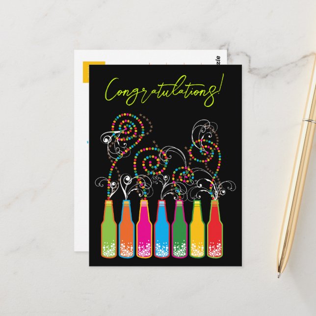 Colorful Bubbly Bottles & Spirals Congratulations Postcard (Front/Back In Situ)