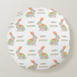 Colorful Bunnies Pattern With Happy Easter Text Round Cushion