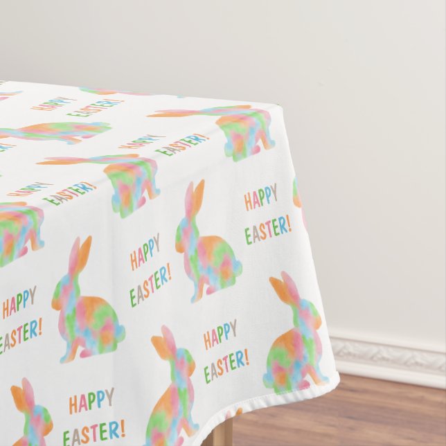 Colorful Bunnies Pattern With Happy Easter Text Tablecloth (In Situ)
