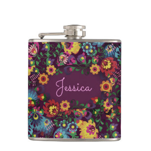 Colorful Busy Floral Pattern Purple Personalised Hip Flask
