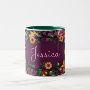 Colorful Busy Floral Pattern Purple Personalised Two-Tone Coffee Mug