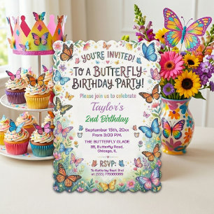 Colorful Butterflies 2nd Birthday Party Invitation