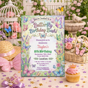 Colorful Butterflies 8th Birthday Bash Invitation