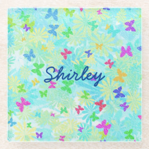 Colorful Butterflies and Daisies by Shirley Taylor Glass Coaster