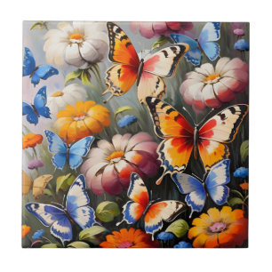 Colorful butterflies in garden tile