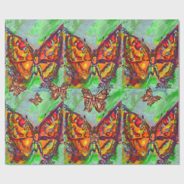 COLORFUL BUTTERFLIES IN RED ,GOLD YELLOW,GREEN WRAPPING PAPER (Flat)