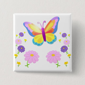 Colorful Butterfly and Flowers Button Badge