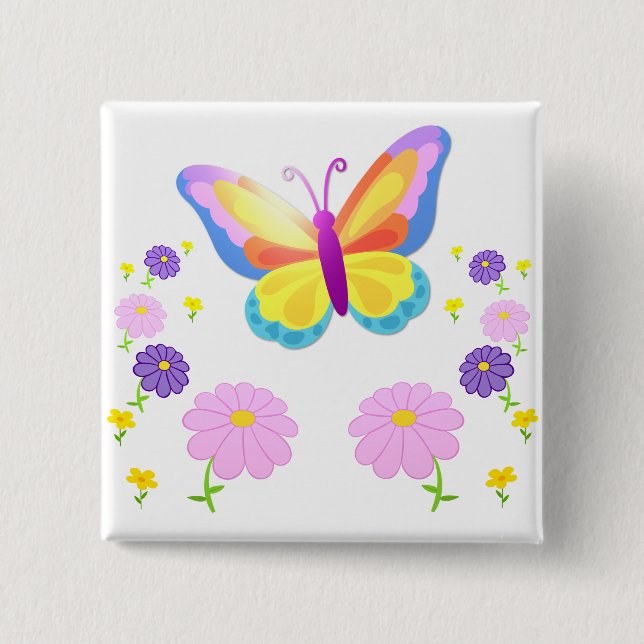 Colorful Butterfly and Flowers Button Badge (Front)