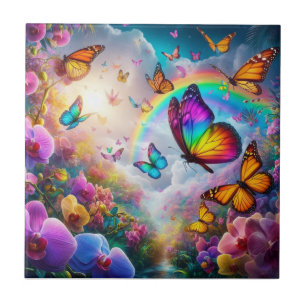 Colorful Butterfly and Rainbow Tile