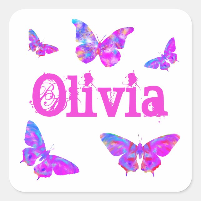 Colorful Butterfly Art Pink Add Name Olivia Square Sticker (Front)
